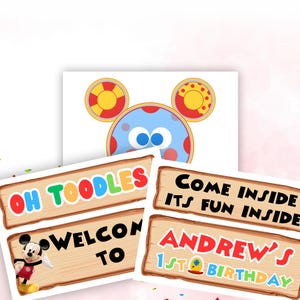 Cheerful Mickey Birthday Welcome Sign Includes Mickey, Minnie, Donald and daisiy duck Mockup on the wooden and size guide featuring Mickey Mouse Characters Perfect for Kids Party. Editable Canva Temple