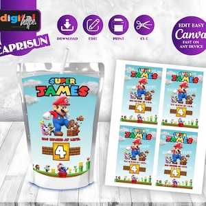 Mario Bros Birthday Capri Sun Label Mario theme Party Super Mario Invite Boy 4th Birthday Mario Party Favors Peach Birthday Mario luigi SM01