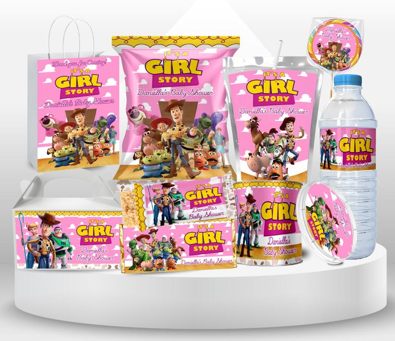 Cheerful Its a Girl Baby Shower Toy Story Treat Bag, bundle Includes Capri sun, Chip Bag, Pringle Chips, Rice Krispies, Water Bottle, Chocolate Bar, Gable Box, Treat Bag, Lollipop Includes Clouds Motifs featuring Toy Story Characters Perfect for Kids Party. Editable Canva Temple.