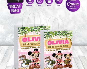 Etiquetas para bolsas de regalo de Minnie Safari, temática de Mickey Mouse, recuerdo de cumpleaños imprimible, regalo de Daisy Duck, Oh Twodles, decoración de fiesta, recuerdo Goofy MK07