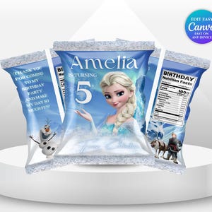 Cheerful Frozen Birthday Chip Bag Mockup round white tray on the table and label on the tray featuring Frozen Characters Perfect for Kids Party. Editable Canva Temple.