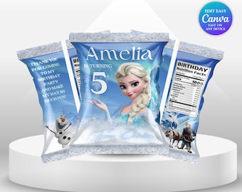 Etiqueta para bolsa de papas fritas de cumpleaños de Elsa, etiqueta para recuerdo de fiesta de cumpleaños número 4 de niña de Frozen, fiesta temática de Frozen, Anna, Frozen, princesa Elsa, fiesta Olaf FG1