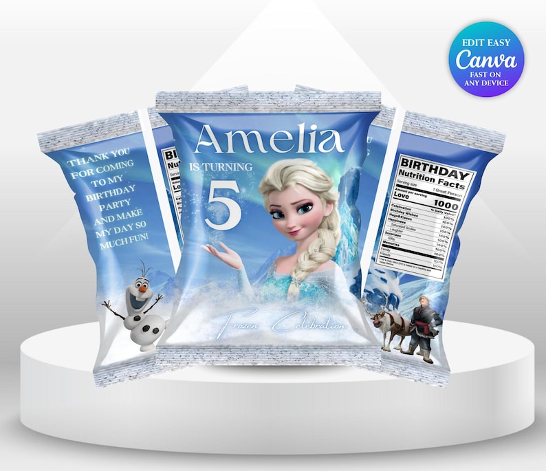Cheerful Frozen Birthday Chip Bag Mockup round white tray on the table and label on the tray featuring Frozen Characters Perfect for Kids Party. Editable Canva Temple.