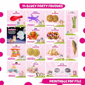 14 Pink Party Favor Printable Girl Birthday Treat Bundle Blue Dog Themed Party for Kid Party Favour Label Granny Glasses Girl Party Deco BF1