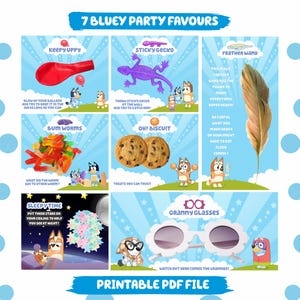 7 Blue Party Favor Printable Girl Birthday Treat Bundle Blue Dog Themed Party for Kids Party Favour Label Granny Glasses Girl Party Deco BF1