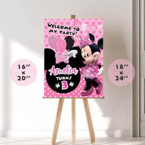 Cheerful Minnie Mouse Birthday BannerMockup banner on stand and stand on the floor white background Includes Balloons, Grass Motifs featuring Minnie Mouse Characters Perfect for Kids Party. Editable Canva Temple.