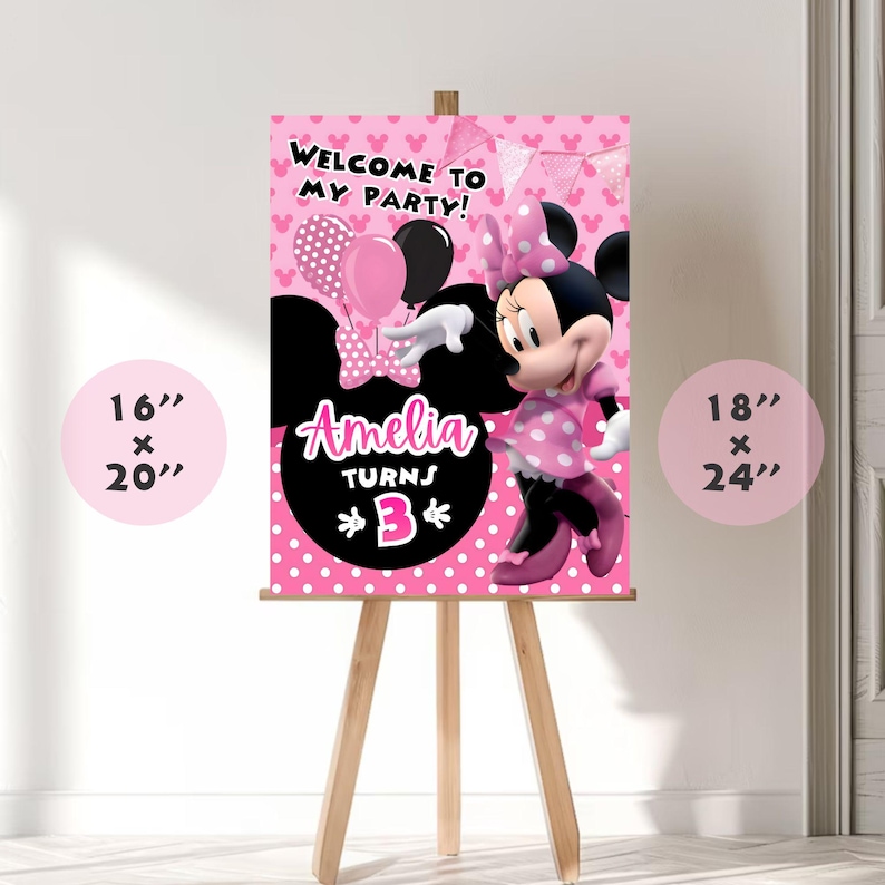 Cheerful Minnie Mouse Birthday BannerMockup banner on stand and stand on the floor white background Includes Balloons, Grass Motifs featuring Minnie Mouse Characters Perfect for Kids Party. Editable Canva Temple.