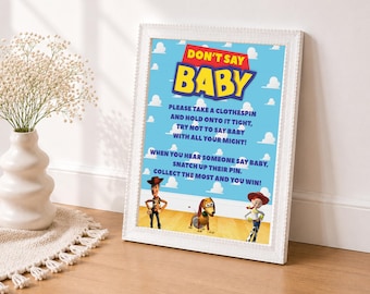 Letrero de Toy Story "No digas bebé" para baby shower, imprimible, decoración para fiesta de niño, letrero para mesa de dulces, celebración de futura mamá, descarga digital TS5