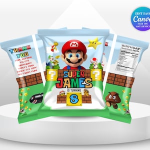 May include: Three custom-designed snack bags featuring a Super Mario theme. The central bag displays Mario, the text "SUPER JAMES IS TURNING 8", and other characters. The other bags have text that says "THANK YOU" and "BIRTHDAY Nutrition Facts".