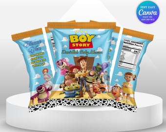 Etiqueta para bolsa de patatas fritas de Toy Story, regalo para baby shower de Woody, regalo de cumpleaños con temática de anime, bolsa de dulces de Jessie, decoración para fiestas, regalo imprimible para niños TS5
