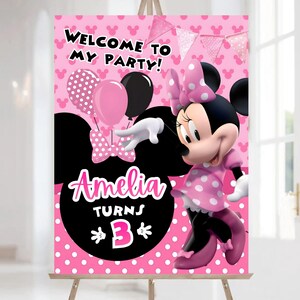 Cheerful Minnie Mouse Birthday Banner Mockup banner on stand and stand on the floor white background Includes Balloons, Grass Motifs featuring Minnie Mouse Characters Perfect for Kids Party. Editable Canva Temple.