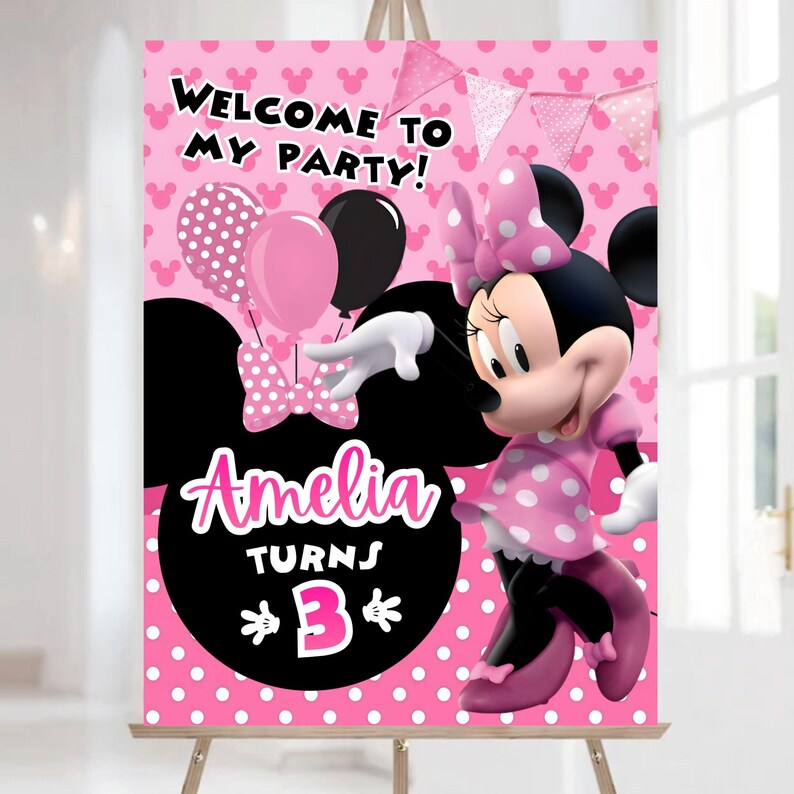 Cheerful Minnie Mouse Birthday Banner Mockup banner on stand and stand on the floor white background Includes Balloons, Grass Motifs featuring Minnie Mouse Characters Perfect for Kids Party. Editable Canva Temple.
