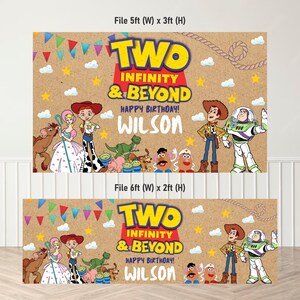 Cheerful Toy Story Birthday Wall Banner Mockup Sizes of the Poster and how to print. Clouds Motifs featuring Toy Story Characters Perfect for Kids Party. Editable Canva Pdf.