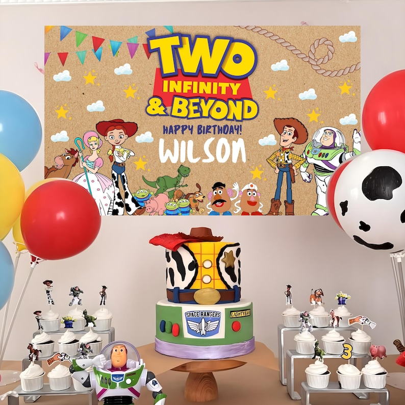 Cheerful Toy Story Birthday Wall Banner Mockup Banner on the Wall birthday Décor, Clouds and flags Motifs featuring Toy Story Characters Perfect for Kids Party. Editable Canva Pdf.