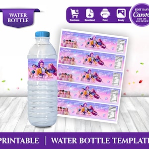 May include: A clear plastic water bottle with a blue cap and a label featuring a colourful design with the text "Amelia Astria 10th Birthday." Beside it are printed water bottle labels with the same design. The image also includes the text "Printable Water Bottle Template."