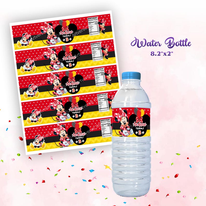 Cheerful Minnie Birthday bottle label Mockup Label on the white and pink Starry Background Includes Balloons, Grass Motifs featuring Mickey Clubhouse Characters Perfect for Kids Party. Editable Canva Temple.