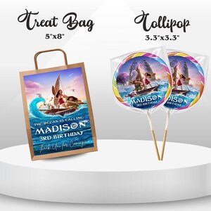 Cheerful Moana Birthday Mega Bundle Mockup Water Bottle, Rice Krispies on the round white table Includes Clouds and Flowers Motifs featuring Moana Characters Perfect for Kids Party. Editable Canva Temple.