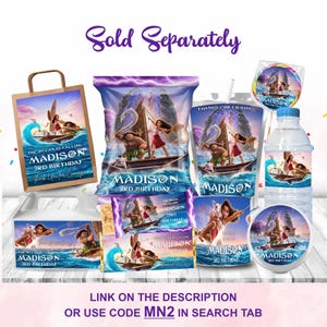 Cheerful Moana Birthday Label Chip bag, bundle Includes Capri sun, Chip Bag, Pringle Chips, Rice Krispies, Water Bottle, Chocolate Bar, Gable Box, Treat Bag, Lollipop Includes Clouds and Flowers Motifs featuring Moana Characters Perfect for Kids Party. Editable Canva Temple.