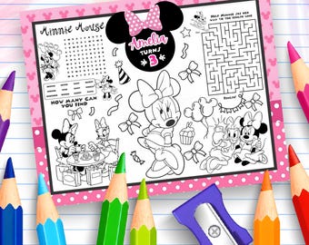 Manteles individuales para colorear de Minnie Mouse, hoja de actividades de cumpleaños de Mickey, imprimibles para fiestas temáticas de anime para niños, libro de actividades Oh Twodles, juegos de Daisy Duck MK05