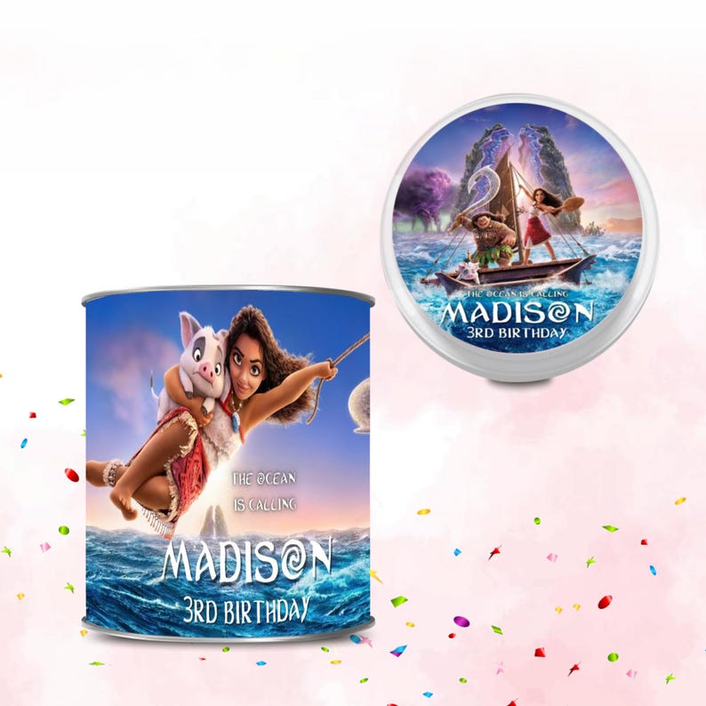 Cheerful Moana Birthday Label Pringle & Pringle Lid Mockup Label on the white and pink Starry Background Includes Clouds and Flowers Motifs featuring Moana Characters Perfect for Kids Party. Editable Canva Temple.