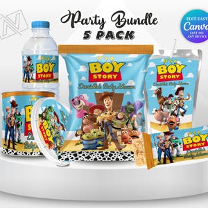Cheerful It’s a Boy Toy Story Favor bundle Includes Capri sun, Chip Bag, Pringle Chips, Rice Krispies, Water Bottle Mockup favor on the wooden table Includes Clouds Motifs featuring Toy Story Characters Perfect for Kids Party. Editable Canva Temple.