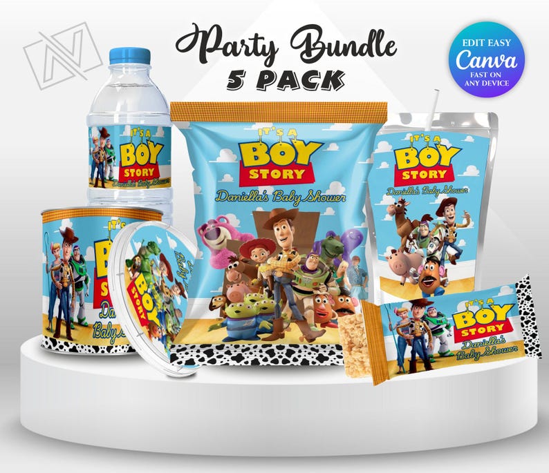 Cheerful It’s a Boy Toy Story Favor bundle Includes Capri sun, Chip Bag, Pringle Chips, Rice Krispies, Water Bottle Mockup favor on the wooden table Includes Clouds Motifs featuring Toy Story Characters Perfect for Kids Party. Editable Canva Temple.