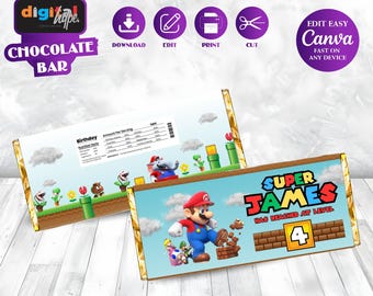 Barra de chocolate para cumpleaños de Mario Bros. Fiesta temática de Mario. Invitación de Super Mario para niño. 4.º cumpleaños. Recuerdos de fiesta de Mario. Cumpleaños de Peach. Mario Luigi SM01