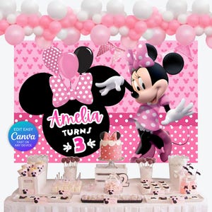 Cheerful Minnie Birthday Backdrop Mockup Sign on the White Wall, Balloons on the top of wall and table with cake and different favors Includes Balloons, Grass Motifs featuring Minnie Mouse Characters Perfect for Kids Party. Editable Canva Temple.
