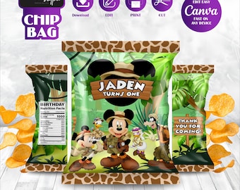 Etiquetas para bolsas de papas fritas de Mickey Safari, temática de Minnie Mouse, recuerdos de cumpleaños imprimibles, regalo de Daisy Duck, decoración de fiesta Oh Twodles, recuerdo Goofy MK06