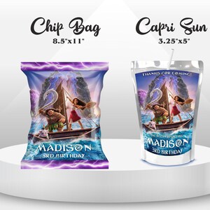 Cheerful Moana Birthday Mega Bundle Includes Capri sun, Chip Bag, Pringle Lid, Pringle Chips, Rice Krispies, Water Bottle, Treat Bag, Lollipop, Chocolate Bar, Gable Box Mockup favor on the wooden table Includes Clouds and Flowers Motifs featuring Moana Characters Perfect for Kids Party. Editable Canva Temple.