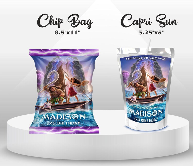 Cheerful Moana Birthday Mega Bundle Includes Capri sun, Chip Bag, Pringle Lid, Pringle Chips, Rice Krispies, Water Bottle, Treat Bag, Lollipop, Chocolate Bar, Gable Box Mockup favor on the wooden table Includes Clouds and Flowers Motifs featuring Moana Characters Perfect for Kids Party. Editable Canva Temple.