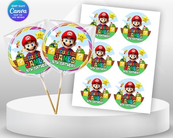 Mario Bros Birthday Lollipop Label Mario theme Party Super Mario Invite Boy 8th Birthday Mario Party Favors Peach Birthday Mario luigi SM1