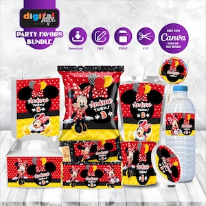 May include: A party favors bundle featuring Minnie Mouse designs. The set includes a variety of items such as treat bags, chip bags, cups, water bottle labels, and stickers. The color scheme is red, black, yellow, and white, with the text "Andrew Turns 3".