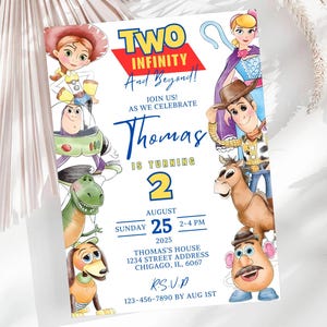 May include: A colorful invitation featuring characters from a popular animated movie. The text reads "TWO INFINITY And Beyond!" and announces a birthday celebration for Thomas, who is turning 2. The date is August 25, 2025.