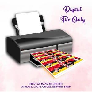 Cheerful Minnie Birthday bottle label Instruction: Share, Send Text, Social Media, or Email. Print, Print as many as needed at home, local or online print shop. Perfect for Birthday Parties.