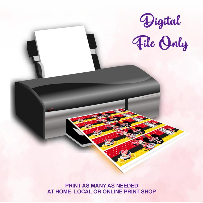 Cheerful Minnie Birthday bottle label Instruction: Share, Send Text, Social Media, or Email. Print, Print as many as needed at home, local or online print shop. Perfect for Birthday Parties.
