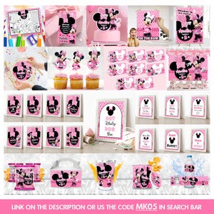 Cheerful Minnie Birthday Banner, bundle Includes Capri sun, Chip Bag, Water Bottle, Gable Box, Placemat, Thankyou tag, Cake Label, Pin the Bow, Welcome Sign, Round Plate Label, Cupcake Topper, Food Tent, Backdrop, Black & Pink Party Signs, White & Pink Party Signs Includes Balloons, Grass Motifs featuring Mickey Mouse Characters Perfect for Kids Party. Editable Canva Temple.
