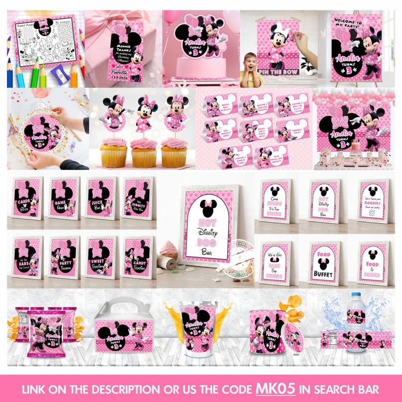 Cheerful Minnie Birthday Banner, bundle Includes Capri sun, Chip Bag, Water Bottle, Gable Box, Placemat, Thankyou tag, Cake Label, Pin the Bow, Welcome Sign, Round Plate Label, Cupcake Topper, Food Tent, Backdrop, Black & Pink Party Signs, White & Pink Party Signs Includes Balloons, Grass Motifs featuring Mickey Mouse Characters Perfect for Kids Party. Editable Canva Temple.