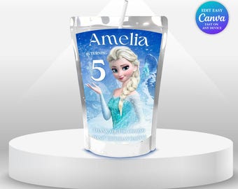Etiqueta para bolsa de jugo de cumpleaños de Elsa, etiquetas para recuerdos de fiesta de cumpleaños de niña de Frozen, fiesta temática de Frozen, Anna, Frozen, princesa Elsa, fiesta FG1