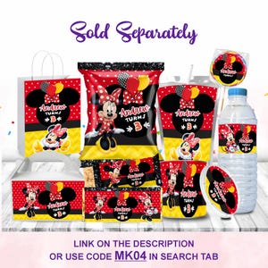 Cheerful Minnie Mouse Clubhouse Birthday Mega bundle Includes Capri sun, Chip Bag, Pringle Lid, Pringle Chips, Rice Krispies, Water Bottle, Treat Bag, Lollipop, Chocolate Bar, Gable Box Mockup favor on the wooden table Includes Includes Balloons, Grass Motifs featuring Mickey Clubhouse Characters Perfect for Kids Party. Editable Canva Temple.