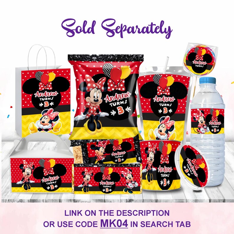 Cheerful Minnie Mouse Clubhouse Birthday Mega bundle Includes Capri sun, Chip Bag, Pringle Lid, Pringle Chips, Rice Krispies, Water Bottle, Treat Bag, Lollipop, Chocolate Bar, Gable Box Mockup favor on the wooden table Includes Includes Balloons, Grass Motifs featuring Mickey Clubhouse Characters Perfect for Kids Party. Editable Canva Temple.