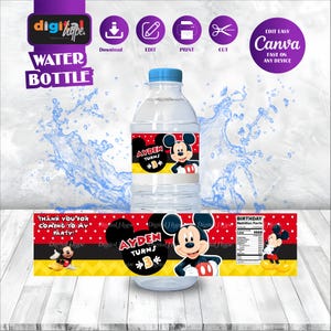Mickey Mouse Water Bottle Favor Minnie Anime Theme Birthday Favours Printable Labels Daisy Duck Kids Gift Oh Twodles Party Decor Figaro MK03