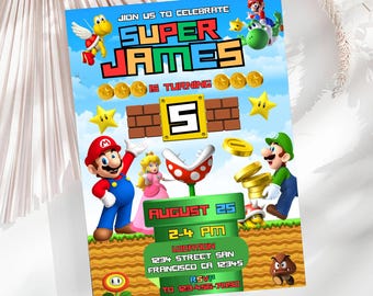 Invitación de cumpleaños de Super Mario Invitación a la fiesta de Mario Bros Invitación al quinto cumpleaños de niño Invitación al videojuego de fiesta de Super Mario Invitación a Mario Luigi SM