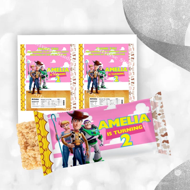 Cheerful Toy Story Birthday Rice Krispies Mockup Label on the starry floor Includes Stars Motifs featuring Toy Story Characters Perfect for Kids Party. Editable Canva Temple.