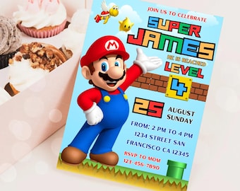 Invitación de cumpleaños de Super Mario Invitación a la fiesta de Mario Bros Invitación al cuarto cumpleaños de niño Invitación al videojuego de fiesta de Super Mario Invitación a Mario Luigi SM