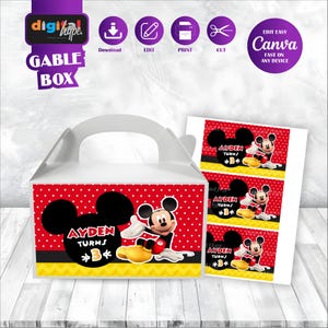 May include: A white gable box with a red polka dot pattern and a Mickey Mouse design. The box features the text "AYDEN TURNS 3". Additional printed labels with the same design are visible. The image also includes the text "EDIT EASY CANVA FAST ON ANY DEVICE".