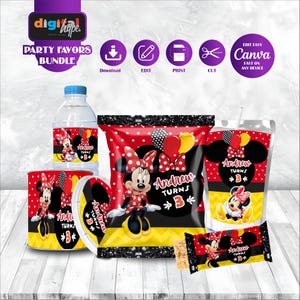 May include: A party favors bundle featuring Minnie Mouse. The set includes water bottle labels, chip bags, juice boxes, and candy bar wrappers. The designs are red with white polka dots, yellow accents, and the text "Andrew Turns 3".