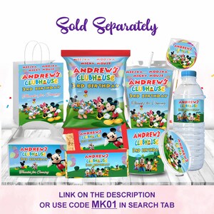 Cheerful Mickey Clubhouse Birthday Mega bundle Includes Capri sun, Chip Bag, Pringle Lid, Pringle Chips, Rice Krispies, Water Bottle, Treat Bag, Lollipop, Chocolate Bar, Gable Box Mockup favor on the wooden table Includes Includes Balloons, Grass Motifs featuring Mickey Clubhouse Characters Perfect for Kids Party. Editable Canva Temple.