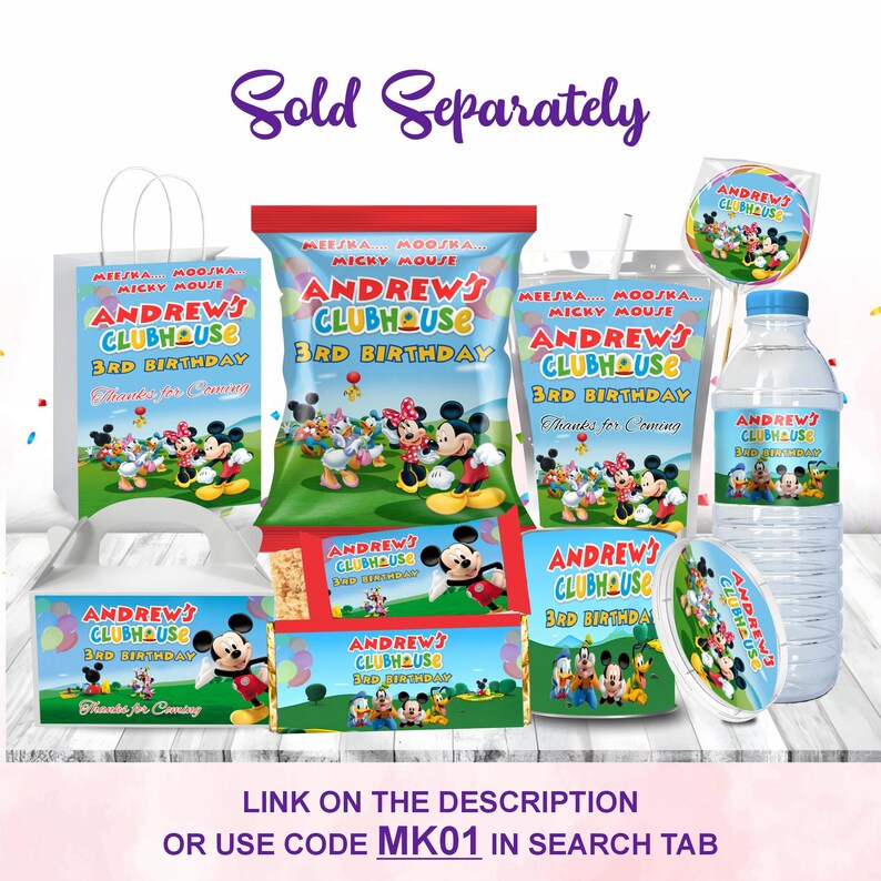 Cheerful Mickey Clubhouse Birthday Mega bundle Includes Capri sun, Chip Bag, Pringle Lid, Pringle Chips, Rice Krispies, Water Bottle, Treat Bag, Lollipop, Chocolate Bar, Gable Box Mockup favor on the wooden table Includes Includes Balloons, Grass Motifs featuring Mickey Clubhouse Characters Perfect for Kids Party. Editable Canva Temple.
