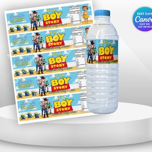 Cheerful Its a boy Baby Shower Toy Story Bottle label Mockup round white tray on the table and label on the tray Includes Clouds Motifs featuring Toy Story Characters Perfect for Kids Party. Editable Canva Temple.